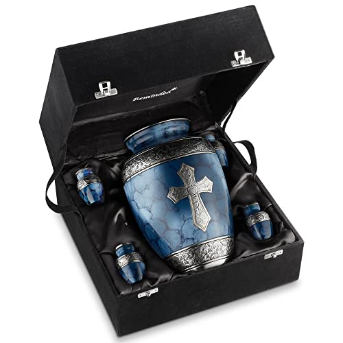 Reminded Set of 5 Engraved Cross Cremation Urns for Human Ashes - 1 Brass Adult + 4 Keepsake Token Size, Blue - color: Blue