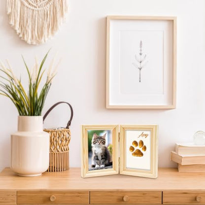 Avont Paw Print Kit, Pet Memorial Keepsake with Frame | Skin-Friendly Air-Dry Clay | Wooden Double-Hinged Frame | DIY Pet Name Stencils | Tabletop & Wall Mount | Natural - color: Natural