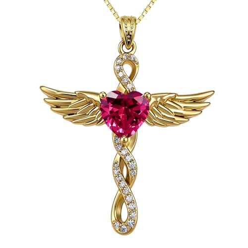 Angel Wings Infinity Cross Necklace for Women, 18K Gold Plated Heart Birthstone Pendant Necklace, Dainty Christian Jewelry Gifts for Mothers Day Valentines Day Christmas Birthday - color: Glod
