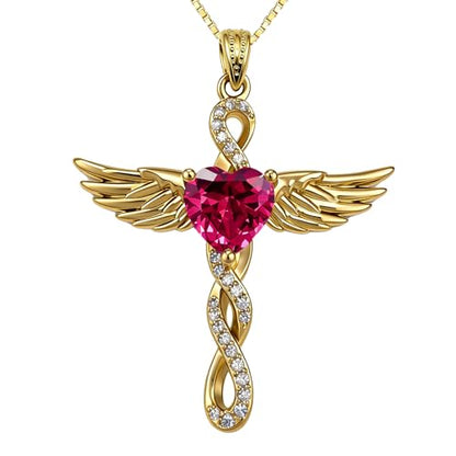 Angel Wings Infinity Cross Necklace for Women, 18K Gold Plated Heart Birthstone Pendant Necklace, Dainty Christian Jewelry Gifts for Mothers Day Valentines Day Christmas Birthday - color: Glod