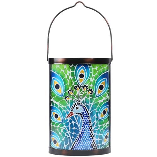 MUMTOP Peacock Solar Lantern, Hanging Glass Outdoor Garden Light - color: Peacock Blue