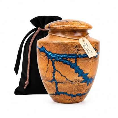 Wooden Handcrafted Urn (Small Keepsake (20 lbs)) in Capacity. Decorative urn for Ashes Blue Raising Urn for Man and Women Burial and Funeral Urn Handcrafted Unique Fractal Burning Design - size: Small keepsake (20 lbs)