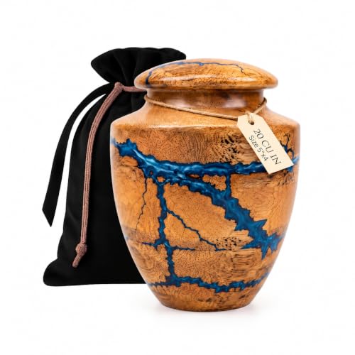 Wooden Handcrafted Urn (Small Keepsake (20 lbs)) in Capacity. Decorative urn for Ashes Blue Raising Urn for Man and Women Burial and Funeral Urn Handcrafted Unique Fractal Burning Design - size: Small keepsake (20 lbs)