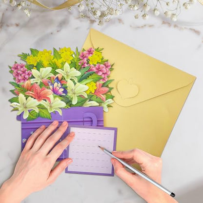 Pop Up Flower Bouquet Card, Paper Lily Bouquet Birthday Card | 3D Greeting Card for Wife, Mom, Grandma, Unique Get Well Soon & Thank You Card with Blank Notecard & Envelope - color: Lily Watering Can