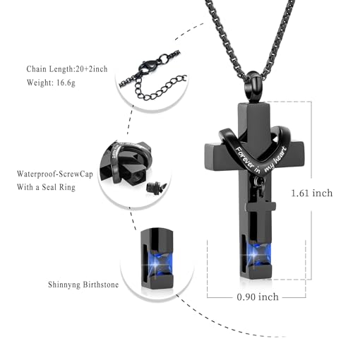Oinsi Black Cross Urn Necklace For Ashes Of Loved Ones With Birthstone Always In My Heart Cremation Jewelry Keepsake Pendant Women Men - color: Dark Blue Stone