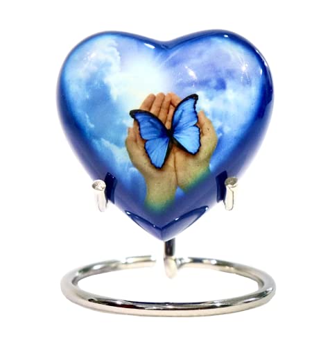 Blue Butterfly Small Love Heart Urn for Human Ashes Remains - Funeral Gift Set of Mini Heart Urn - Display Stand - Velvet Carry Bag - A Paper Funnel - Magnetic Closure Gift Box - color: Blue Butterfly in Hand-heart