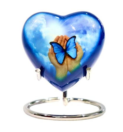 Blue Butterfly Small Love Heart Urn for Human Ashes Remains - Funeral Gift Set of Mini Heart Urn - Display Stand - Velvet Carry Bag - A Paper Funnel - Magnetic Closure Gift Box - color: Blue Butterfly in Hand-heart