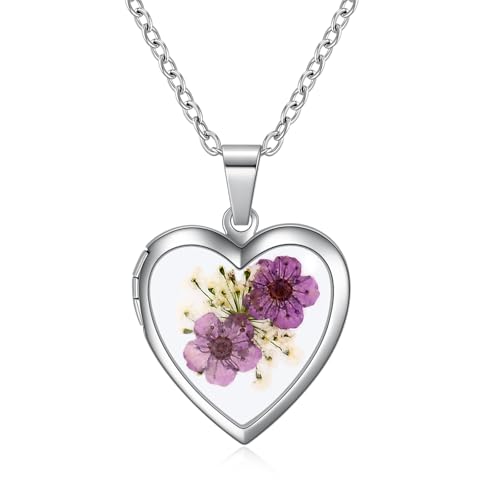 Rnivida Flowers Heart Locket Necklace for Women, Hold Photo Pictures Locket, 18 Inches - color: Purple