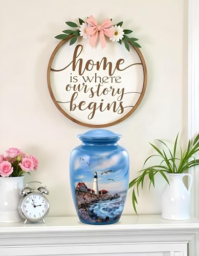 Lighthouse Urn - Full Size Portland Head Lighthouse Cremation Urn – Adult Urns for Men and Women – Ocean Blue Funeral and Memorial Urns for Human Ashes Upto 210 Lbs with Velvet Bag (Large)