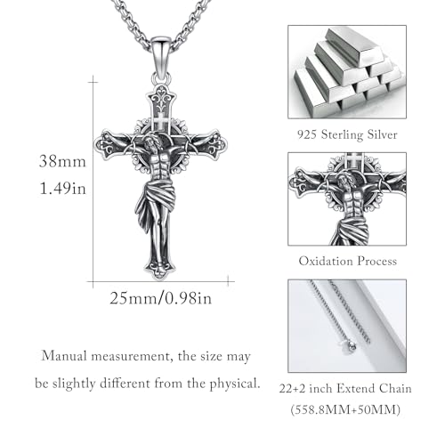 Crucifix Necklace for Men 925 Sterling Silver Jesus Cross Necklace Crucifix Cross Pendant Protection Jewelry for Men Women - style: A02-Hanging Cross-Vintage