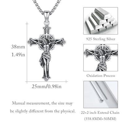 Crucifix Necklace for Men 925 Sterling Silver Jesus Cross Necklace Crucifix Cross Pendant Protection Jewelry for Men Women - style: A02-Hanging Cross-Vintage