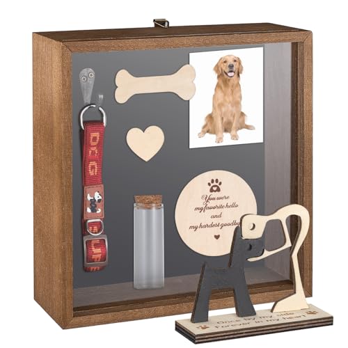 8.6x8.6 Inch Pet Memorial Shadow Box, Tabletop or Wall Display Case with Glass Window, Wooden Keepsake Picture Frame for Loss of Dog, Cat | Forever Remembrance Sympathy Gift, Brown