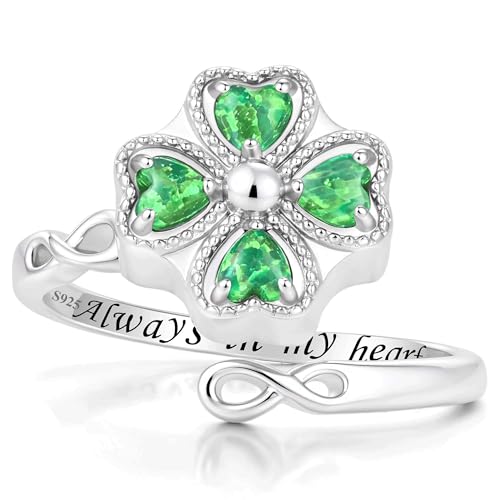 ZOEXUE Four Leaf Clover Cremation Urn Ring for Women, 925 Sterling Silver Adjustable Open Memorial Keepsake Ring with Opal Stones, Holds Ashes Bereavement Sympathy Gift - color: green