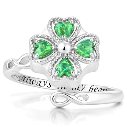 ZOEXUE Four Leaf Clover Cremation Urn Ring for Women, 925 Sterling Silver Adjustable Open Memorial Keepsake Ring with Opal Stones, Holds Ashes Bereavement Sympathy Gift - color: green