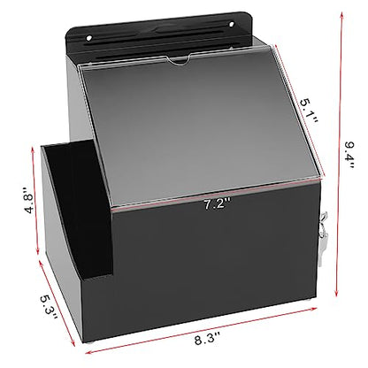 BTSKY Acrylic Suggestion Box with Lock & 5"x7" Sign Slot, Side-Pocket,Black | Wall Mounted Donation Box Office Ballot Boxes Collection Comment Boxes for Voting Fundraising, Locking Suggestion Mailbox