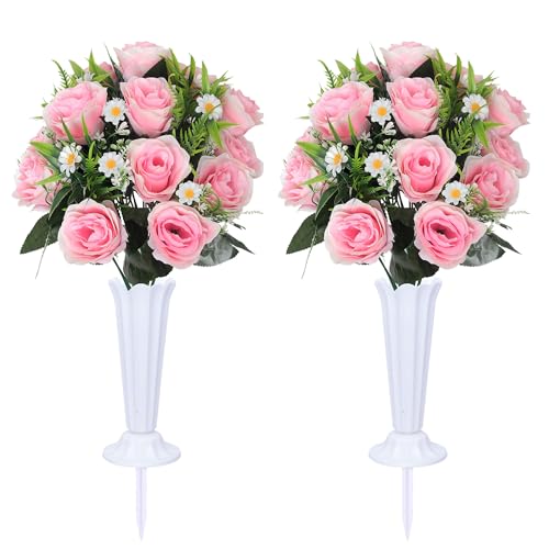 Artificial Cemetery Flowers Set 2PCS Memorial Grave Roses Bouquets with Vases for Outdoor Grave Decor UV Resistant