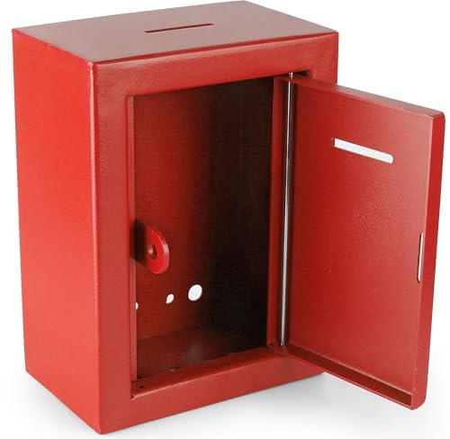 Secure Metal Charity Collection Box - Steel, Drop Box with Slot, Easy Wall Mount, 8.5x6.5x4", "Red - color: Red, size: Wall Mount Box