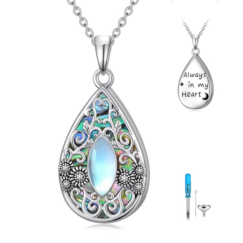 WINNICACA Urn Necklaces for Ashes 925 Sterling Silver Butterfly Hummingbird Dragonfly Teardrop Ash Necklace Cremation Jewelry Urn Pendants for Women Memorial Gifts for Birthday Christmas Funeral - style: 3-Moonstone Urn Necklace