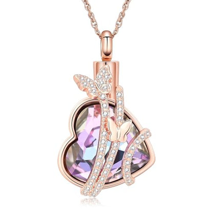 shajwo Butterfly Heart Urn Necklaces Cremation Jewelry for Ashes for Women Men Memorial Human Ashes Pendant - color: Rose Gold-Purple