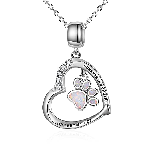 YFN Paw Print Necklace Sterling Silver Dog Cat Charms Pendant Cremation Jewelry Cat Dog Memorial Gifts for Women Girls - color: White Opal