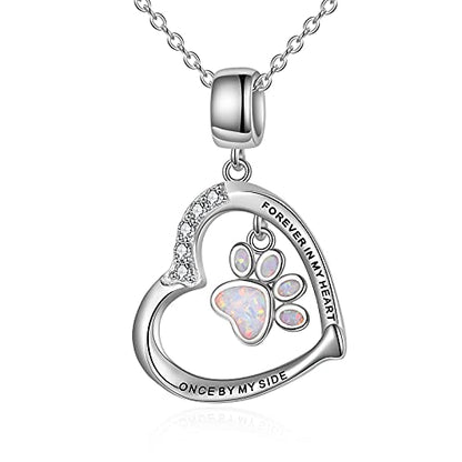 YFN Paw Print Necklace Sterling Silver Dog Cat Charms Pendant Cremation Jewelry Cat Dog Memorial Gifts for Women Girls - color: White Opal