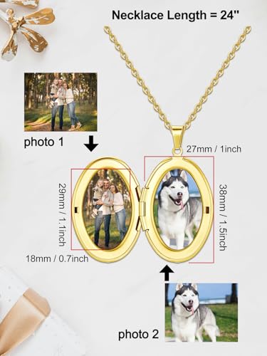Custom Photo Locket Necklace Women Personalized Text Birth Flower Necklace that Hold Picture Stainless Steel Memorial Jewelry for Mothers Day Christmas - color: Golden