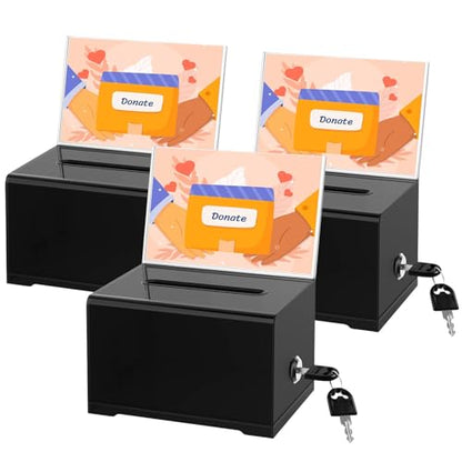 Clear Donation Box with Lock & Sign Holder, Versatile for Fundraising, Ballot Voting, Suggestions, and Tips Jar, Secure Storage Design, Size 6.2x4.6x4.0 Inch, Black 3 Pack - size: Black 3p