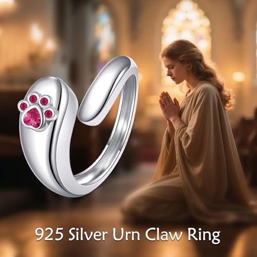 Sterling Silver Birthstone Urn Ring for Ashes Pets Dog Cat Keepsake Birthstone Memorial Cremation Jewelry for Women - style: Paw Print-July