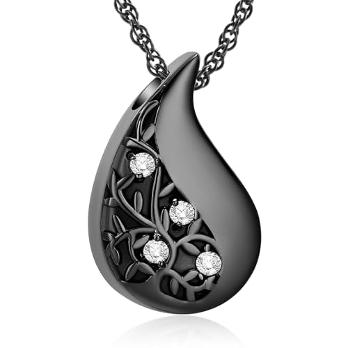 Tree of Life Teardrop Urn Necklace for Ashes Teardrop Crystal Cremation Jewelry Celtic knot Ashes Pendant Stainless Steel Keepsake Memorial Jewelry for Women Men - color: Black