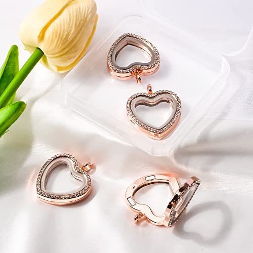 WANDIC Rhinestone Photo Charm, Rose Gold Heart Crystal Photo Pendant Bridal Wedding Bouquet Charms Living Floating Memory Locket for 2 Pictures - color: Rose Gold