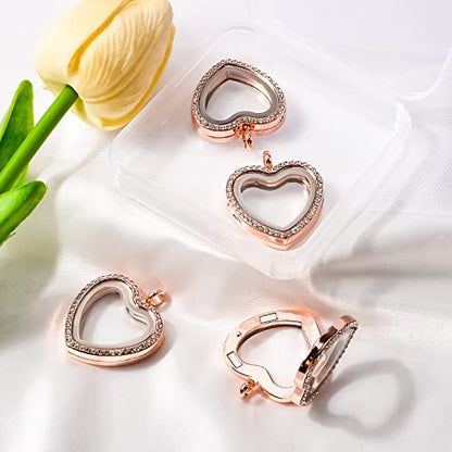 WANDIC Rhinestone Photo Charm, Rose Gold Heart Crystal Photo Pendant Bridal Wedding Bouquet Charms Living Floating Memory Locket for 2 Pictures - color: Rose Gold