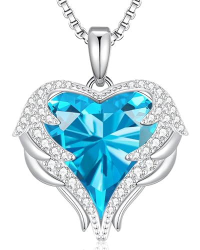 CDE Angel Wings Heart Birthstone Pendant Necklace Gift for Women | Silver/Gold Tone,Ideal Birthday & Anniversary Jewelry Gift for Wife,Girlfriend,Her - color: White-12a-Blue Zircon Birthstone
