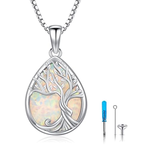Urn necklace for Ashes 925 Sterling Silver Opal/Turquoise/Moonstone/Moss agate Pendant Cremation Memory Jewelry Keepsake Gifts for Women - style: Tree of Life