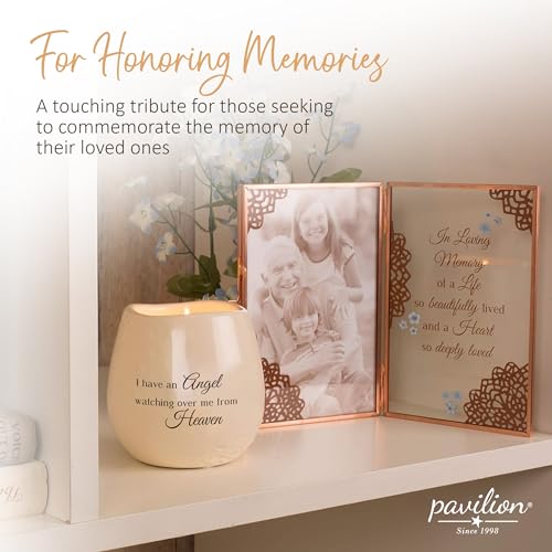 Pavilion Light Your Way Memorial Ceramic Vessel - 100% Soy Wax Candle with "I Have an Angel Watching Over Me From Heaven" Text, Decorative Soy Filled Candle, Scent of Tranquility, 8 oz, White - style: In Memory, Angel Watching