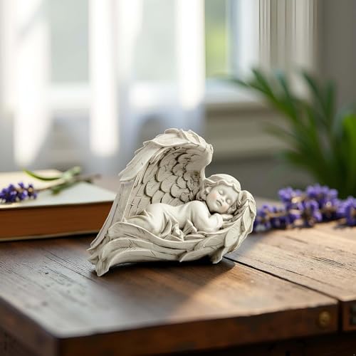 Sleeping Angel Figurine in Wings, Resin Guardian Angel Decor, 7.87 Inch | Hand-painted resin guardian angel with sculpted wings for shelves, bedside tables and comforting gifts for women