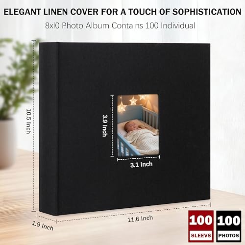 Aevdor 8x10 Photo Album, 100 Pockets, Linen Cover, Writing Space, Black | Fits 8x10 Photos, Graphic Designs, Watercolors and Drawings, Doubles as an Art Portfolio - color: Linen Black