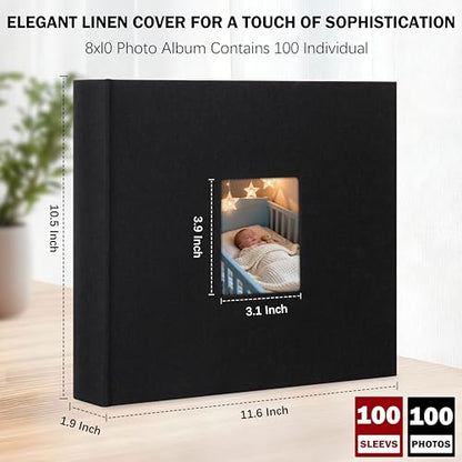 Aevdor 8x10 Photo Album, 100 Pockets, Linen Cover, Writing Space, Black | Fits 8x10 Photos, Graphic Designs, Watercolors and Drawings, Doubles as an Art Portfolio - color: Linen Black