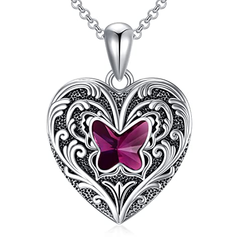 SOULMEET Personalized Butterfly Locket Necklace That Holds Up to 2 Pictures, Memorial Insects Silver Butterfly Photo Locket Custom Any Photo Healing Gift - color: H-Crystal Purple, style: Locket Necklace Only