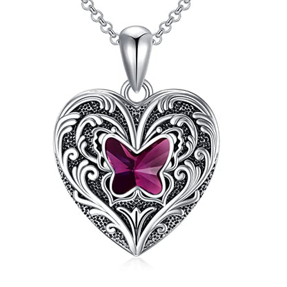 SOULMEET Personalized Butterfly Locket Necklace That Holds Up to 2 Pictures, Memorial Insects Silver Butterfly Photo Locket Custom Any Photo Healing Gift - color: H-Crystal Purple, style: Locket Necklace Only