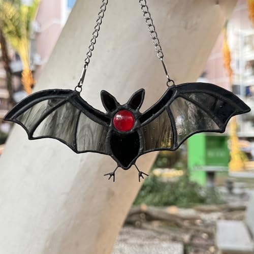 Bat Stained Glass Suncatcher, Handmade Grey Black Bat Window Hanging Decor with Red Accent, Gothic Halloween Decoration, Witchy Home Decor, Bat Lover Gift - color: C-bat With Claws