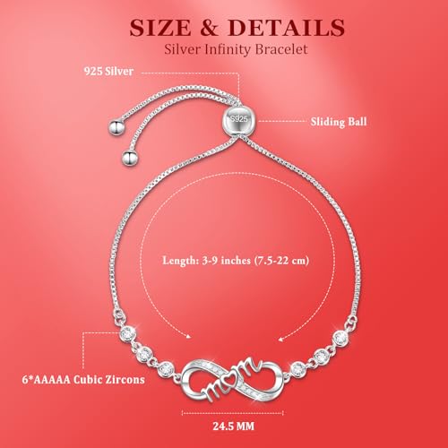 J.Fée Infinity Heart Bracelets for Women with 5A Cubic Zirconia, 925 Silver Bracelets for Women Adjustable Womens Bracelet Jewelry for Wife Girlfriend Her - color: Infinity Mom