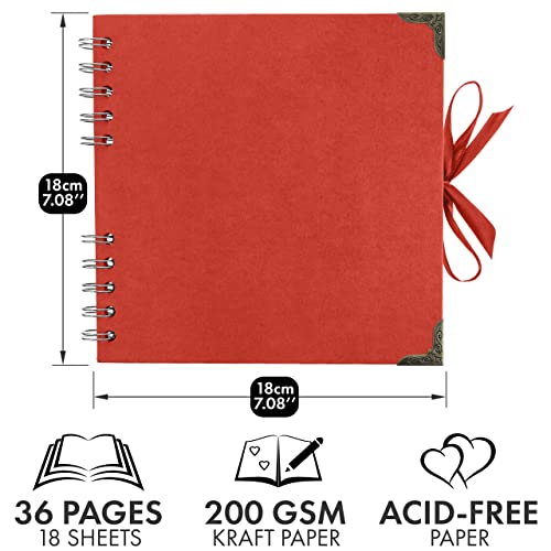 Bstorify Square Scrapbook Photo Albums 7 x 7 Inch Red Thick Paper, Hardcover, Metal Corners, Ribbon Closure - Ideal for Your Scrapbooking Albums, Art & Craft Projects | Hardcover with Thick 200 GSM Kraft Paper, Ideal for Your Scrapbooking Albums, Art & Cr