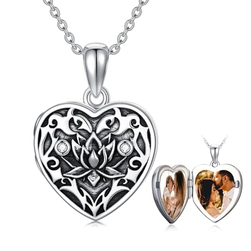 Midari Personalized Heart Locket Necklace That Hold 2 Pictures 925 Sterling Silver Oxidized Photo Necklace Memory Custom Photo Lockets Necklaces Jewelry Gifts for Family Women Lover Mom Dad - color: Lotus, style: Locket+Photo