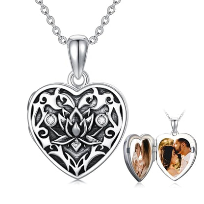 Midari Personalized Heart Locket Necklace That Hold 2 Pictures 925 Sterling Silver Oxidized Photo Necklace Memory Custom Photo Lockets Necklaces Jewelry Gifts for Family Women Lover Mom Dad - color: Lotus, style: Locket+Photo