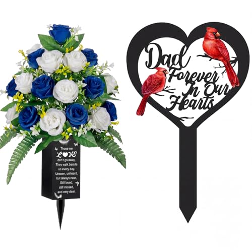 FoldTier 2 Pcs Dad Grave Decorations for Cemetery Dad Forever in Our Heart with Cardinal Memorial Plaque Stake Granddad Cemetery Vase Decor Metal Memorial Flower Holder for Burial Lawn Funeral - style: Vase Plaque