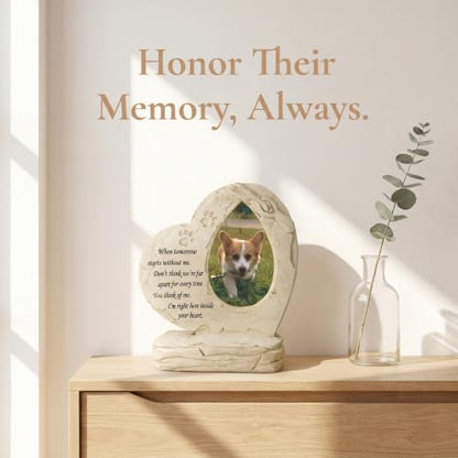 Pet Memorial Stone Headstone Grave Marker for Dog Loss Gift | Pet Dog Gravestone Tombstone, with Photo Frame, Outdoor or Indoor, Handmade of Resin, Heart Shape, Paw Prints Design