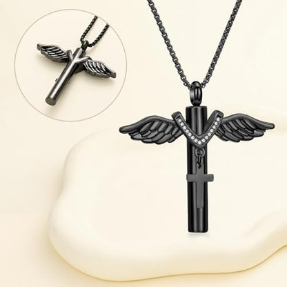 Oinsi Black Cross Urn Necklace For Ashes Of Loved Ones With Birthstone Always In My Heart Cremation Jewelry Keepsake Pendant Women Men - color: Z-Black