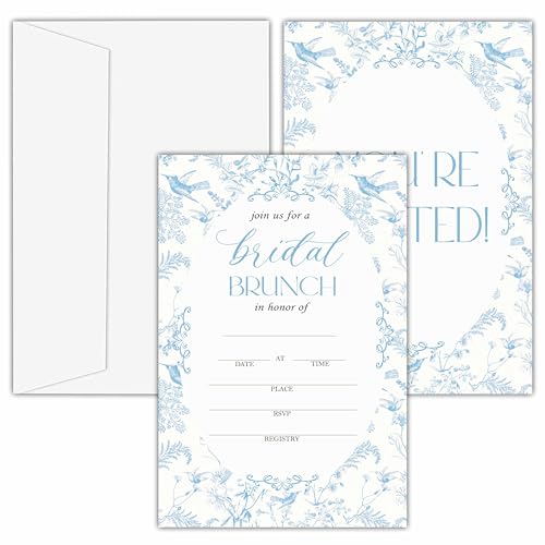 Bridal Shower Invitations, 25 Floral Invites with Envelopes for Bridal Shower Reception Engagement Party, Dusty Blue Toile Wedding Party Cards - B14 - style: Dusty Blue Toile