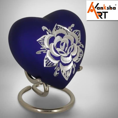 Classic Heart Shape Keepsake Urn for Human Ashes – with Box and Stand - Ink Blue Color with Diamond Cut Design 7 cms high