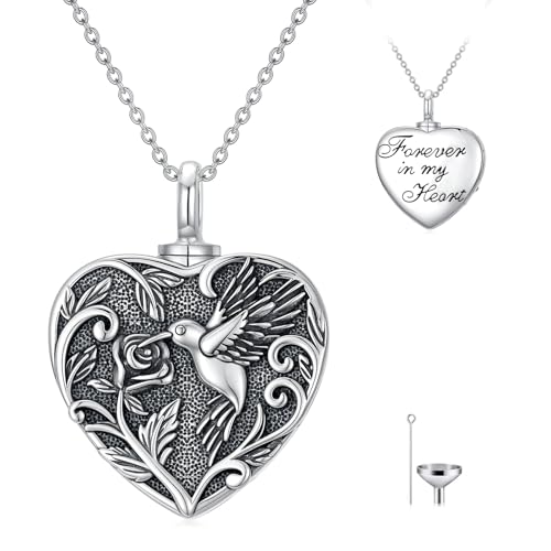 Tree of Life Urn Necklace for Ashes, S925 Sterling Silver Hummingbird/Cross/Love Heart Pendant Cremation Jewelry with Funnel Filler Memorial Keepsake Gifts for Women Men - color: Hummingbird Urn Necklace